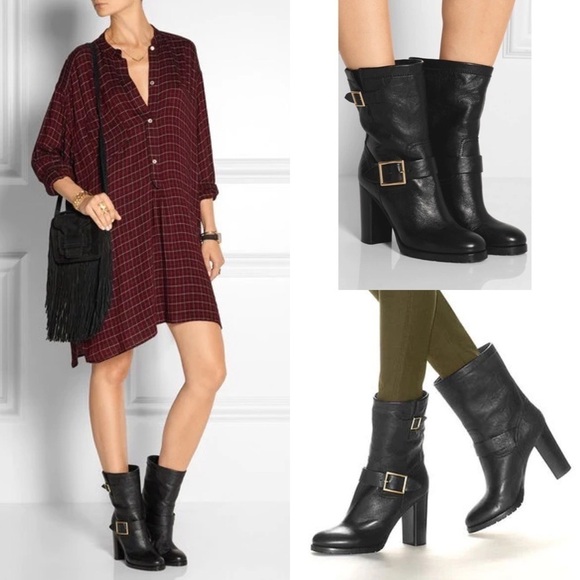 Jimmy Choo Dart Biker Black Leather Moto Combat Mid-Calf Buckle Bootie - Picture 8 of 16